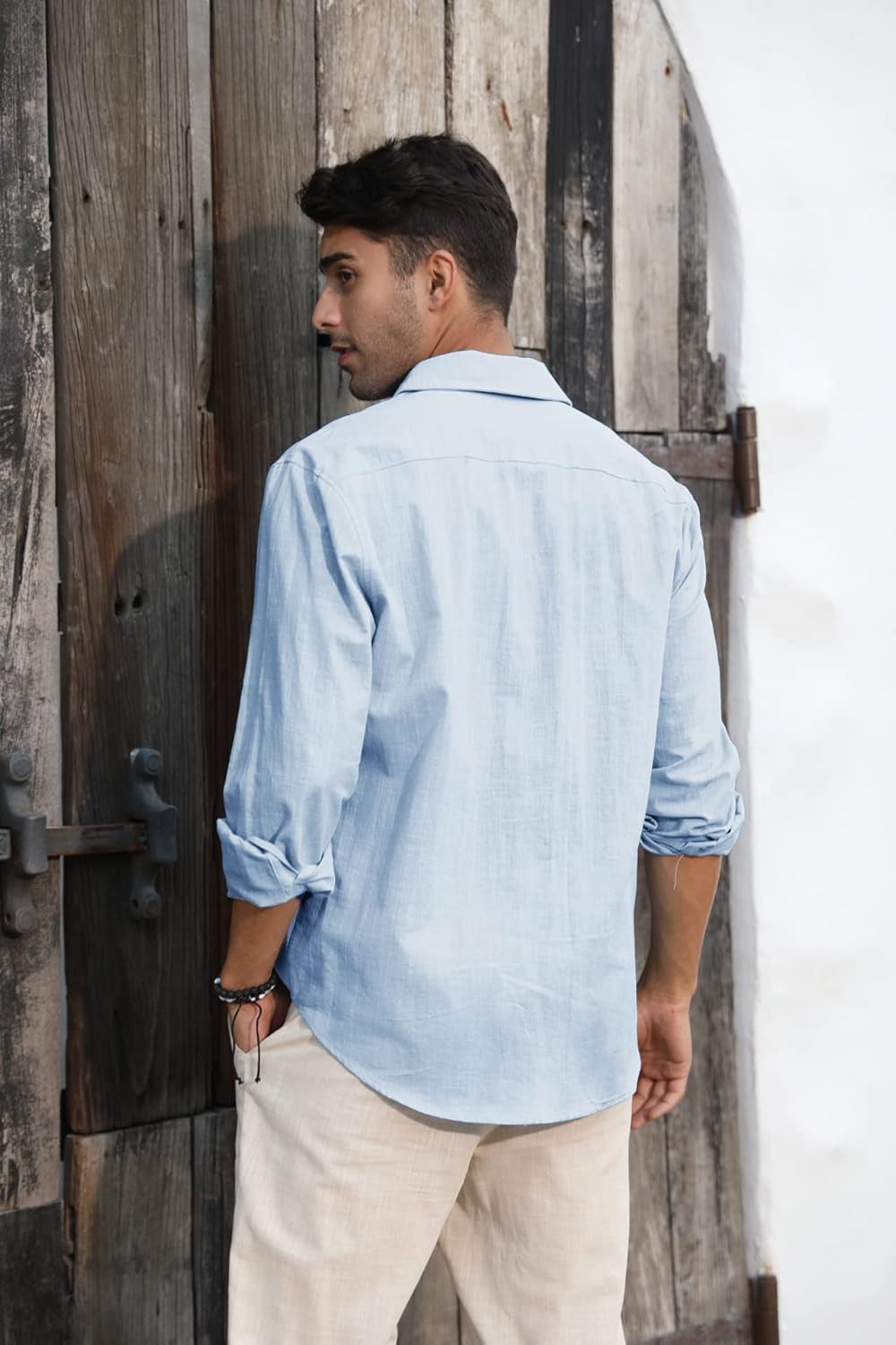 Mens Button down Shirt Linen Cotton Shirts Casual Long Sleeve