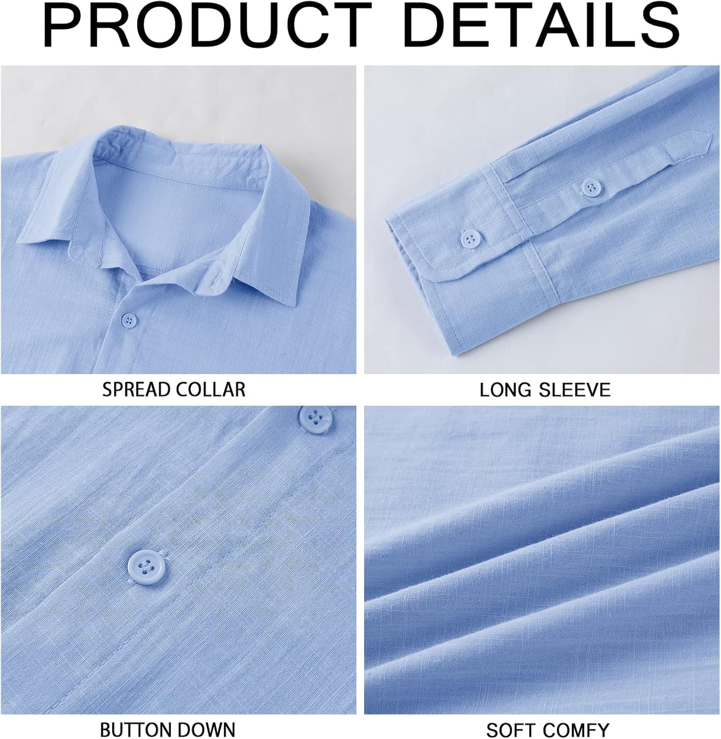 Mens Button down Shirt Linen Cotton Shirts Casual Long Sleeve