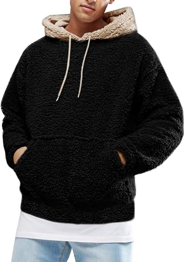 Men's Cozy Fuzzy Sherpa Hoodie - Stylish Long Sleeve Sweatshirt with Front Pocket for Fall & Winter Adventures