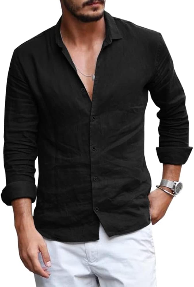 Mens Button down Shirt Linen Cotton Shirts Casual Long Sleeve