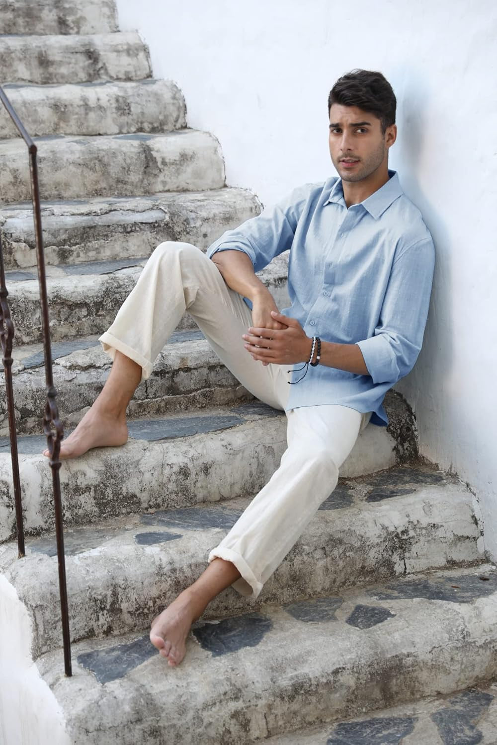 Mens Button down Shirt Linen Cotton Shirts Casual Long Sleeve 