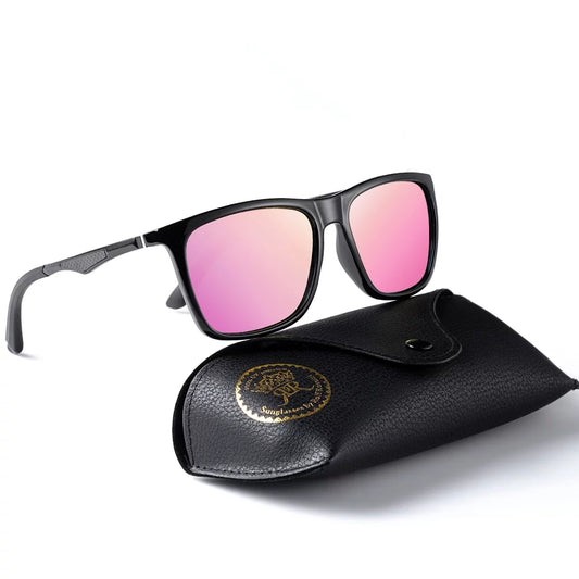 Trendy Vintage Polarized Sunglasses for Men & Women - Black Pink UV Protection Driving Eyewear with Case
