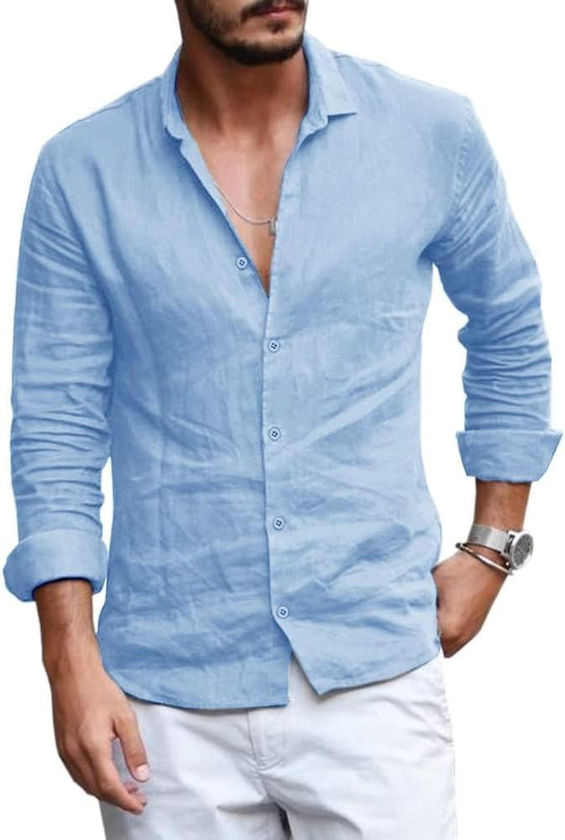 Mens Button down Shirt Linen Cotton Shirts Casual Long Sleeve 