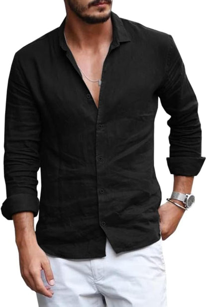 Mens Button down Shirt Linen Cotton Shirts Casual Long Sleeve